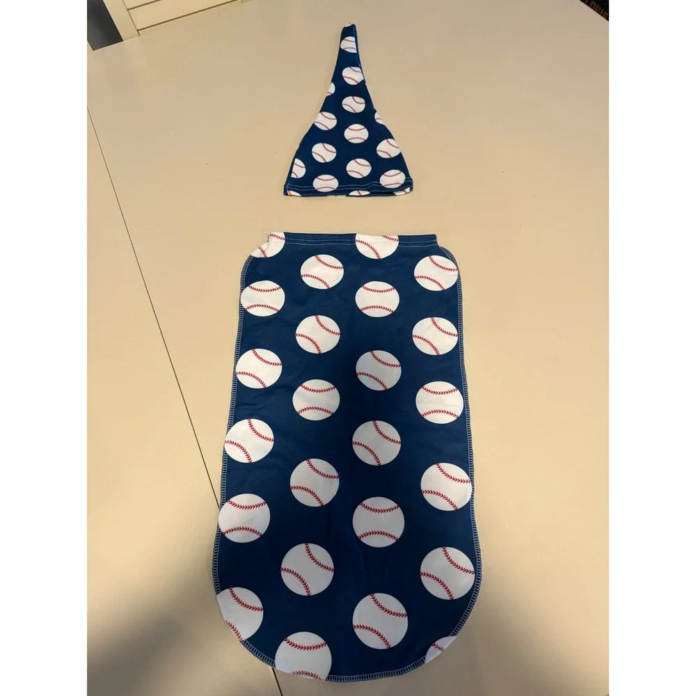 Baseball Newborn Swaddle Sack and Knotted Hat Set Navy Blue Sports Print